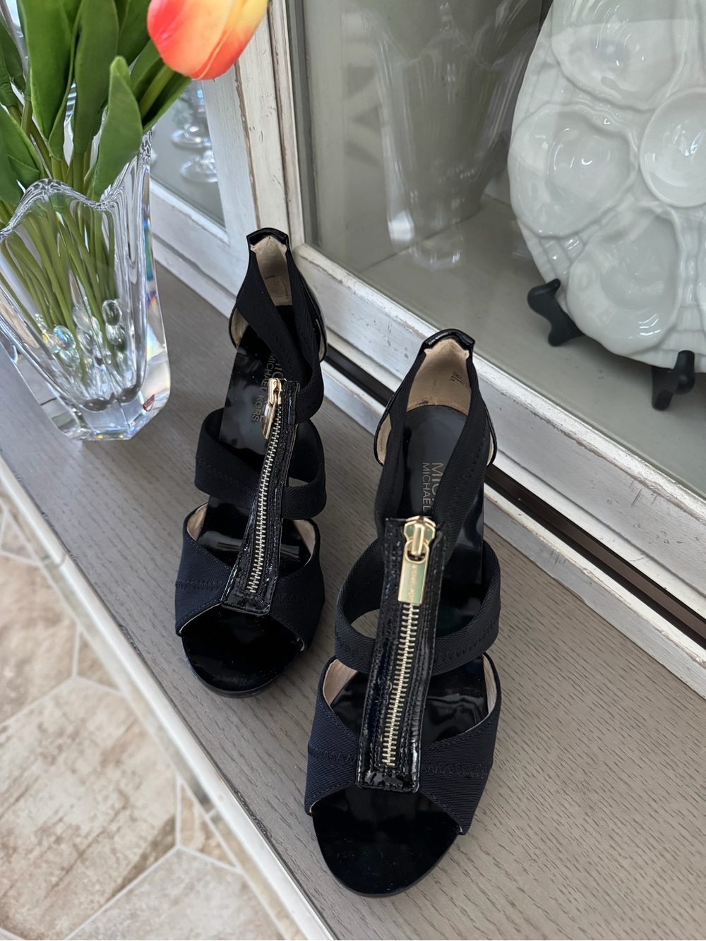 Michael Kors Berkley Black Zip-Front Strappy Heels